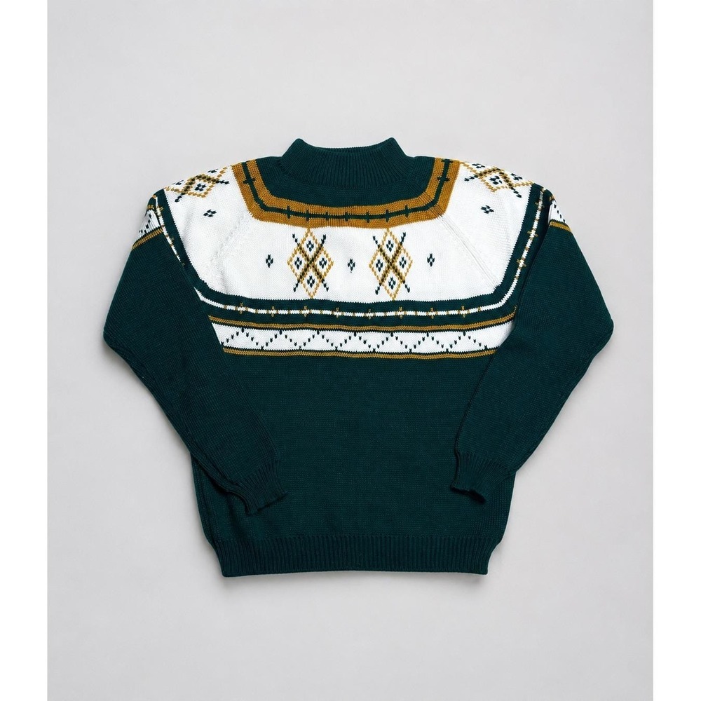 Vintage MG Knit Sweater Green Fair Isle Ski Pullover WPL 11935 Size M
